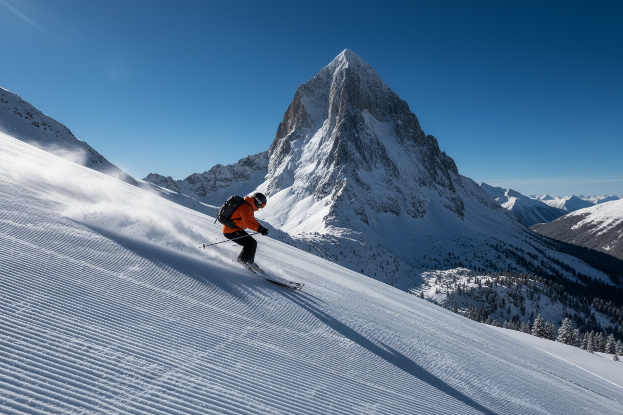 skiing with huge pek in background